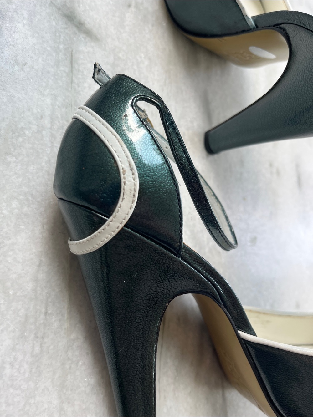 Nascar Dark Green Peep-Toe Ankle Strap Heels with White Trim - Picture 10 of 15